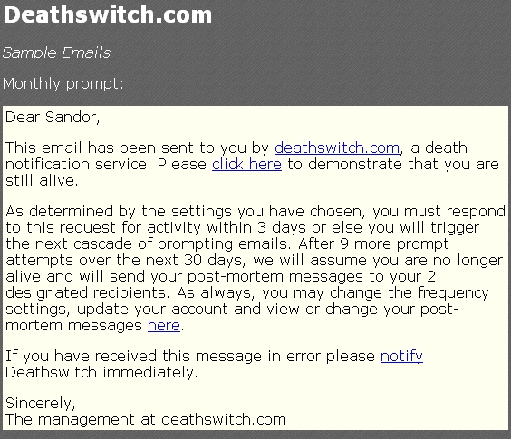Mail z serwisu Death Switch