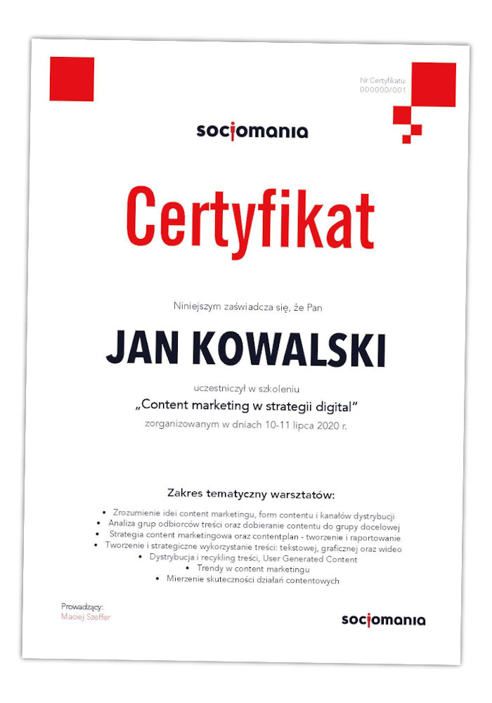 Content marketing w strategii digital - kurs online - certyfikat