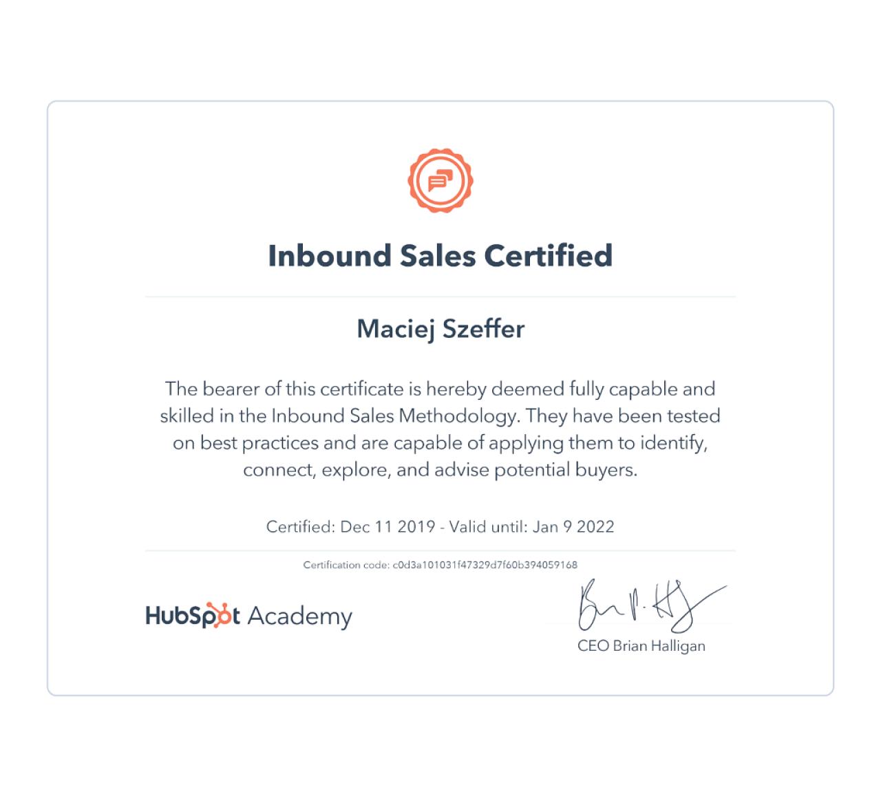 Maciej Szeffer, Socjomania - kurs online Social Selling - certyfikat HubSpot Academy Inbound Sales