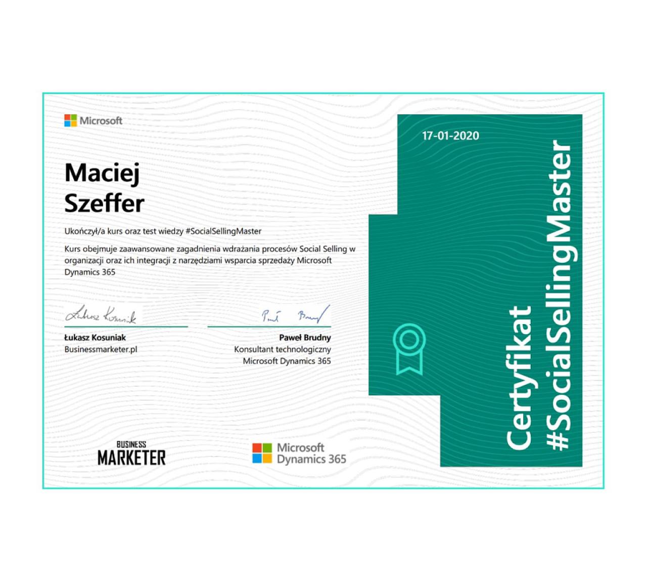 Maciej Szeffer - kurs online Social Selling - certyfikat Microsoft SocialSellingMaster