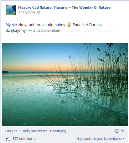 Publikacja zdjęć nadesłanych przez fanów, na przykładzie FB: Mazury Cud Natury, Masuria – The Wonder Of Nature