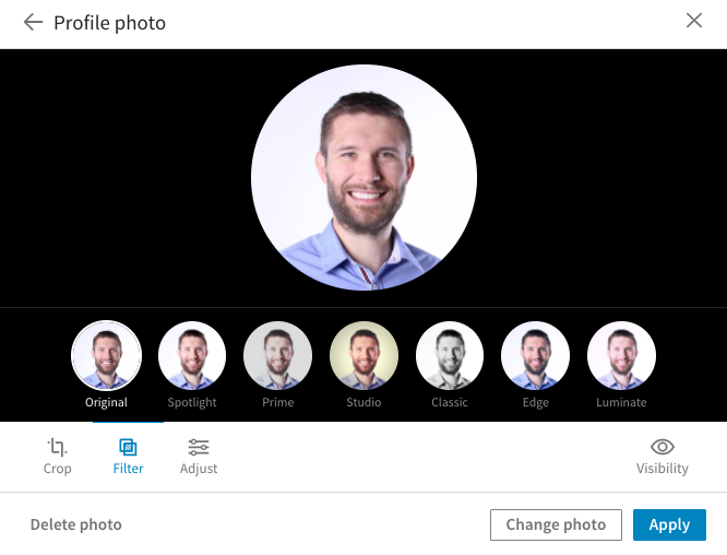 LinkedIn edytor zdjęć - filtry, kontrast, jasność LinkedIn edytor zdjęć - filtry, kontrast, jasność