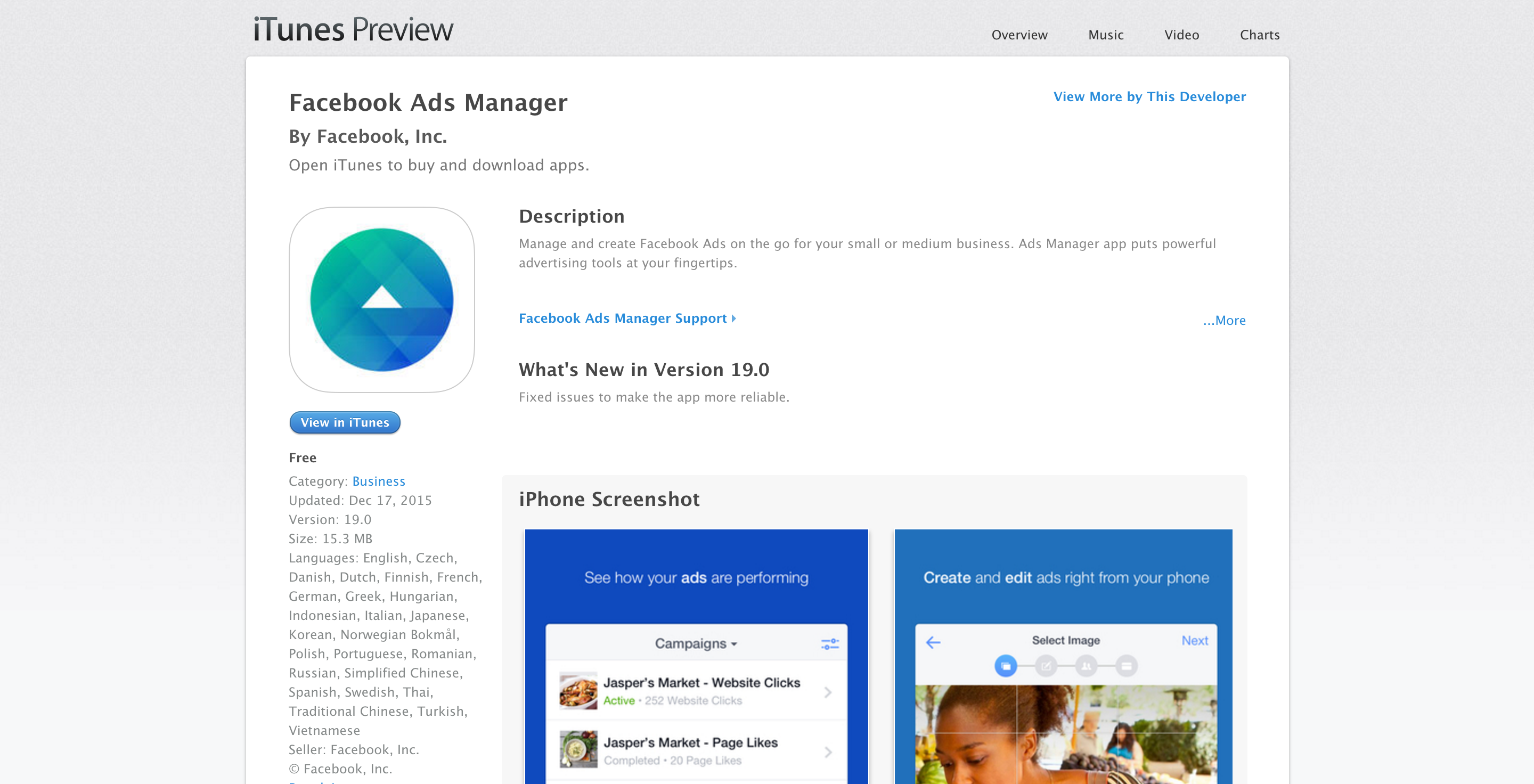 Mobilny Ads Manager – aplikacja, źródło: itunes.apple.com