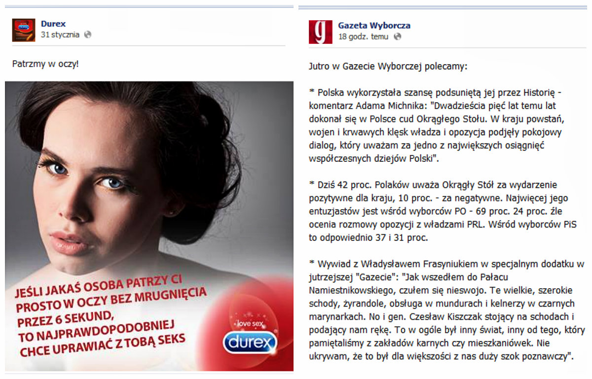Długość tekstu w postach na FB - Durex vs Gazeta Wyborcza