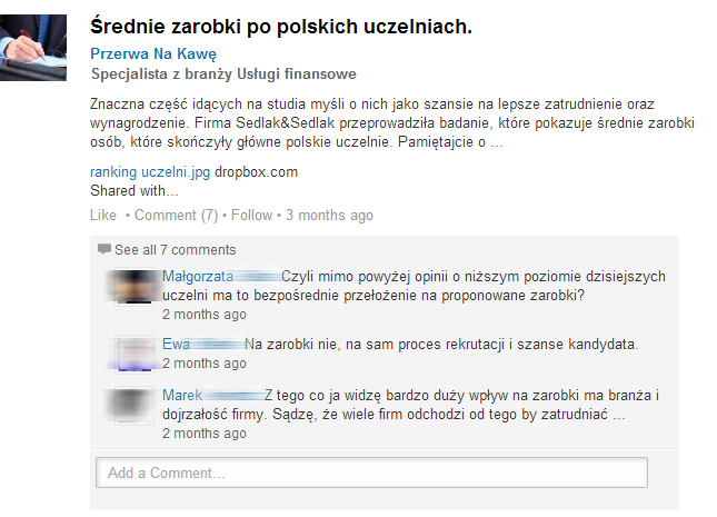 Dyskusje pracowników firmy na LinkedIn Dyskusje pracowników firmy na LinkedIn
