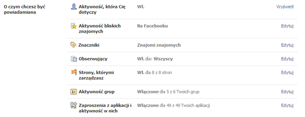 Ustawienia powiadomień na Facebooku Ustawienia powiadomień na Facebooku